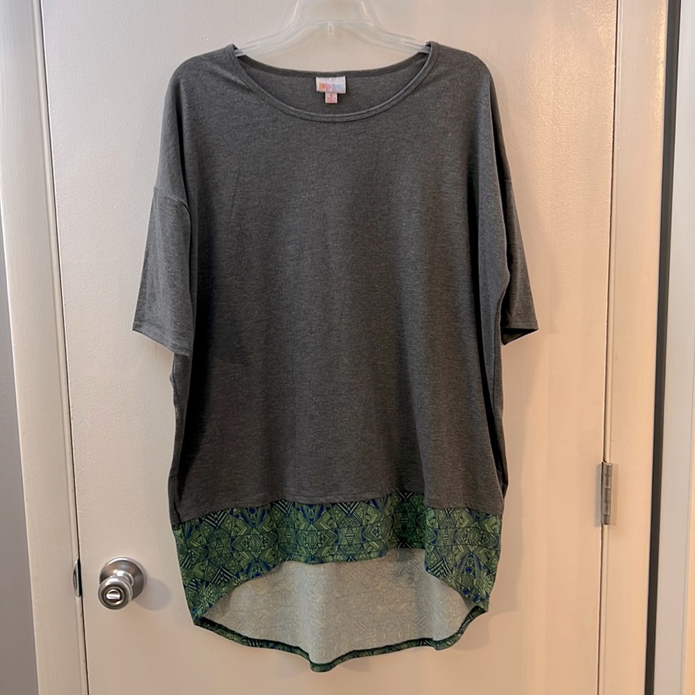 LuLaRoe gray shirt with blue and green pattern at bottom.